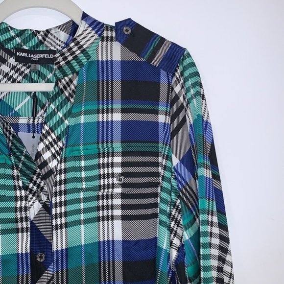 KARL LAGERFELD Paris Blue Multi Plaid Utility Shirt size Medium - Picture 4 of 10